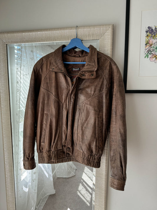 Vintage Brown Leather Bomber Jacket